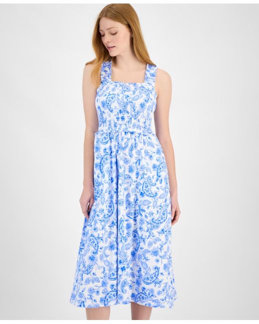 Tommy Hilfiger Blue Cotton Paisley-print Smocked-back Midi Dress