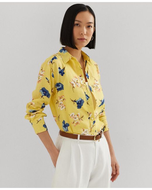 Lauren by Ralph Lauren Yellow Petite Linen Floral Shirt