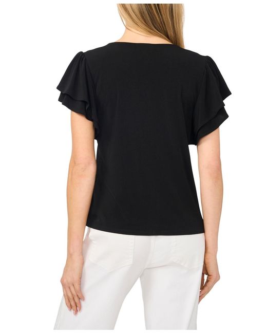 Cece Black Flutter-sleeve V-neck Blouse