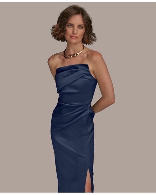 Donna Karan Blue Ruched Strapless Gown