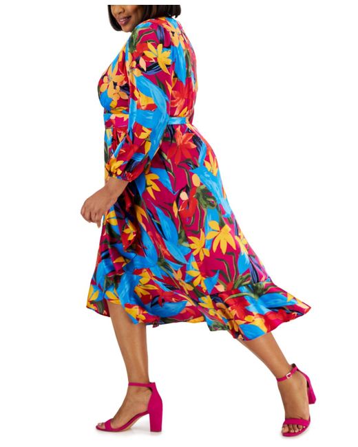 Tahari Red Plus Size Printed Long-sleeve Satin Faux-wrap Dress