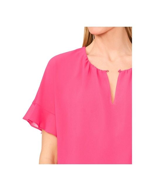 Cece Red Short-sleeve Half Button Flowy Blouse