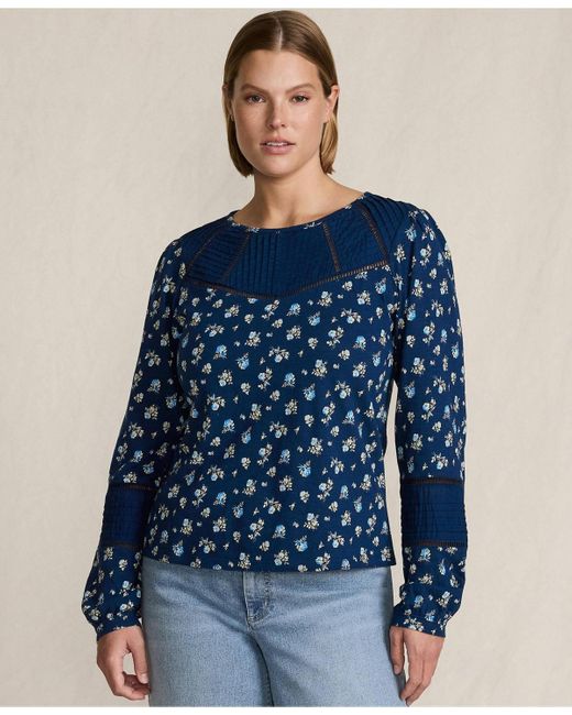 Lands' End Blue Plus Size Long Sleeve Slub Pintuck Top