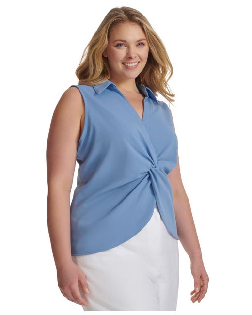 Calvin Klein Blue Plus Size Collared Twist-front Sleeveless Top