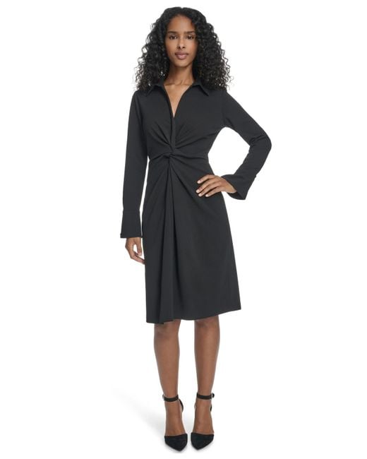 Calvin Klein Women's Black Petite Collar Long-sleeve Midi Shirtdress -  hulwithkids.com