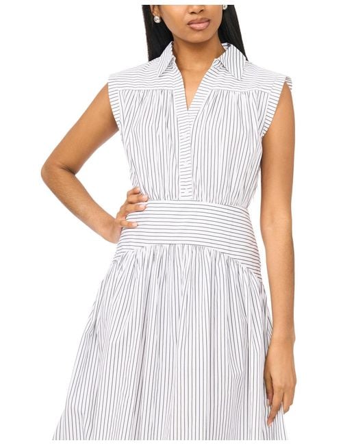 Msk White Collared Shirred Button-down Dress