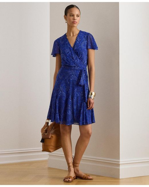 Ralph Lauren Blue Crinkled Surplice Dress