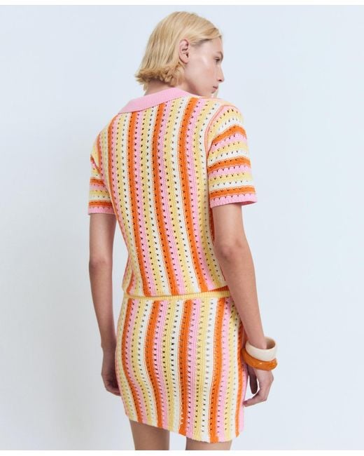 Mango White Striped Openwork Knit Sweater