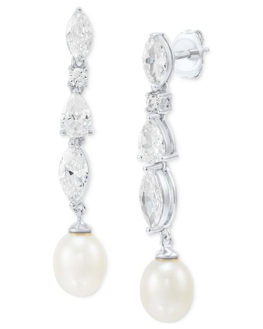 Arabella Metallic Cultured Freshwater Pearl (7 X 9mm) And Swarovksi Zirconia Drop Earrings In Sterling Silver