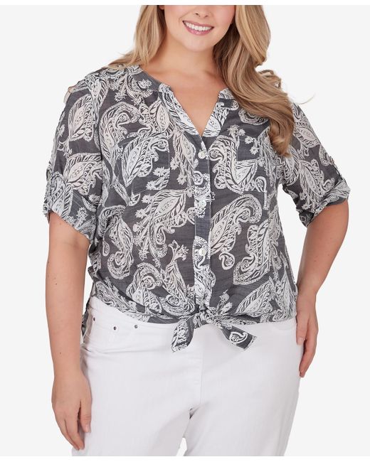 Ruby Rd Gray Plus Size Paisley Silky Gauze Top