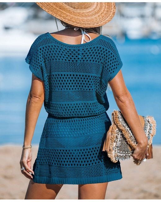 CUPSHE Blue Beige Crochet V-neck Short Sleeve Cover-up Mini Beach Dress