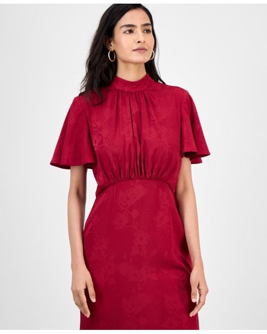 Julia Jordan Red High-neck Flounce-sleeve Midi Dress