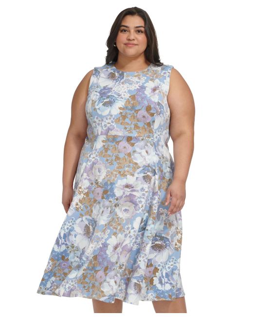 Calvin Klein Blue Plus Size Printed Sleeveless Fit & Flare Dress
