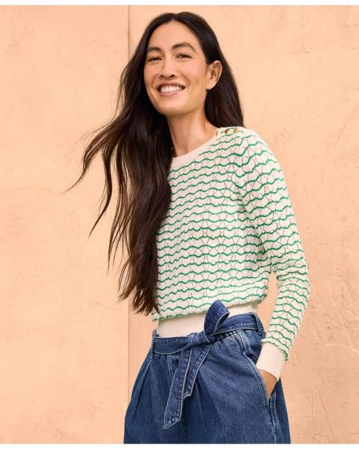 Lands' End Green Cotton Viscose Button Shoulder Modern Crew Sweater