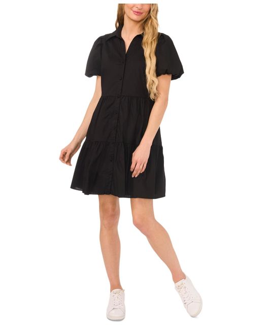 Cece Black Collared Puff-sleeve Tiered Shirtdress