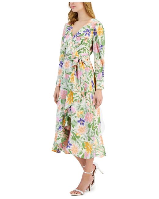 Tahari Multicolor Floral-print Tie-waist Midi Dress