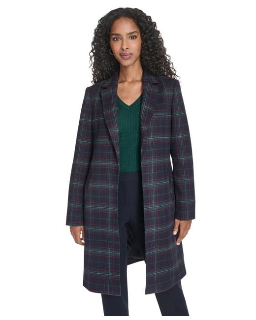 Tommy Hilfiger Women's Blue Windowpane Open Front Topper Jacket