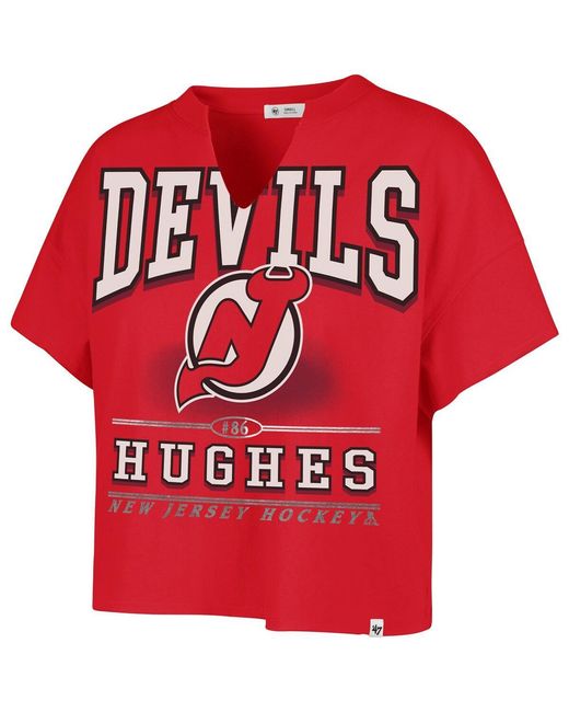 '47 Red Jack Hughes New Jersey Devils Elation Name Number Oversized Notch Neck T-shirt