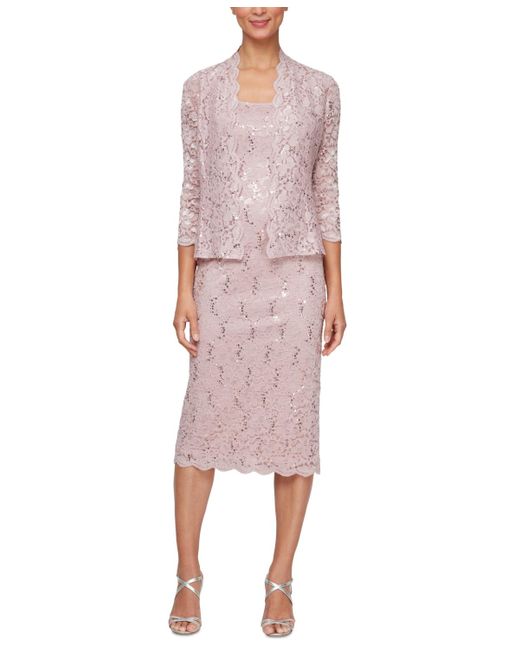 Sl Fashions Pink Petite 2-pc. Lace Jacket & Midi Dress Set