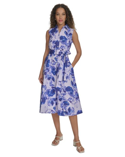 Calvin Klein Blue Cotton Floral Sleeveless Shirtdress