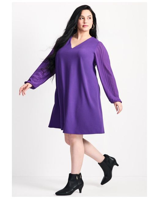 Avenue Purple Plus Size Paloma Blouson Pleated Sleeve Shift Dress