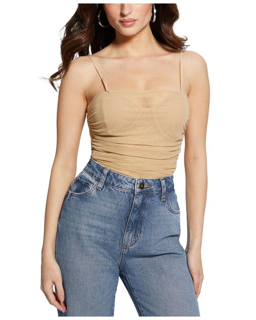 Guess Blue Alivia Ruched Mesh Bodysuit
