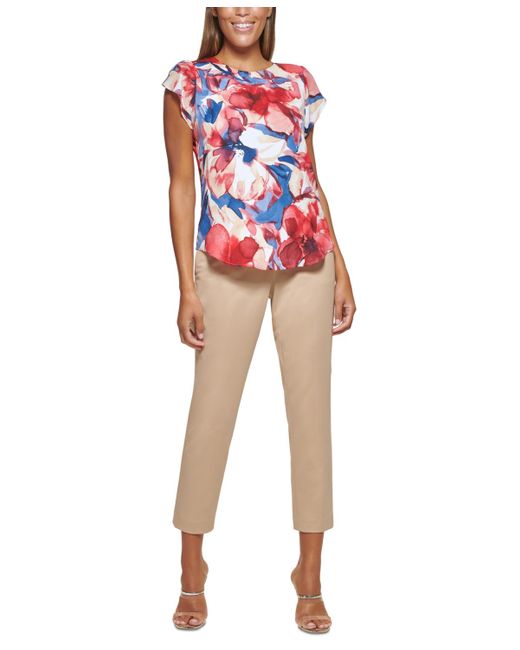 DKNY Red Petite Floral-print Flutter-sleeve Blouse