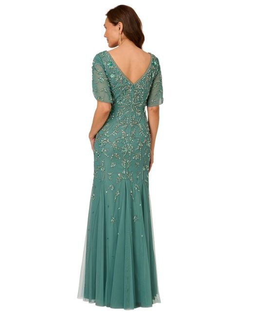 Adrianna Papell Beaded Petal-sleeve Mermaid Gown in Green | Lyst