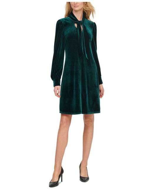 Calvin Klein Velvet Tietrimmed Vneck Dress in Green Lyst