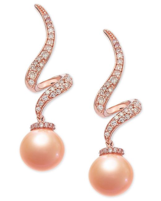 Macy's Pink Cultured Freshwater Pearl (7-1/2 Mm) & Diamond (1/4 Ct. T.w.) Swirl Drop Earrings In 14k Rose Gold