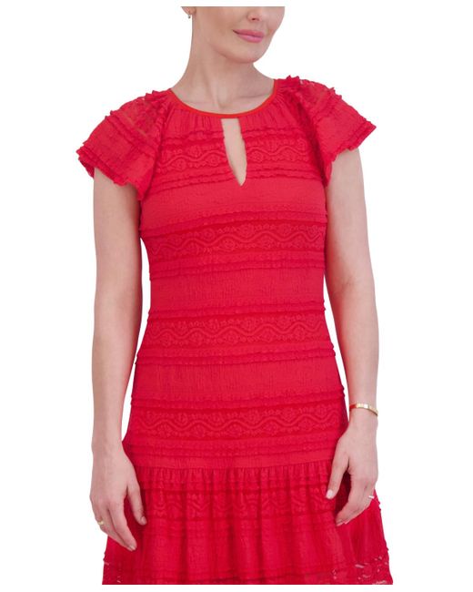 Jessica Howard Red Petite Round-neck Short-sleeve Lace Dress