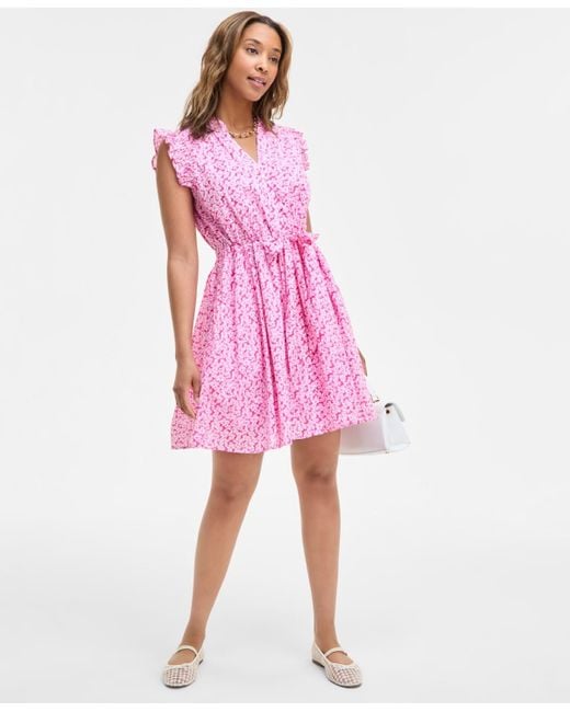 On 34th Pink V-neck Flutter-sleeve Mini Dress