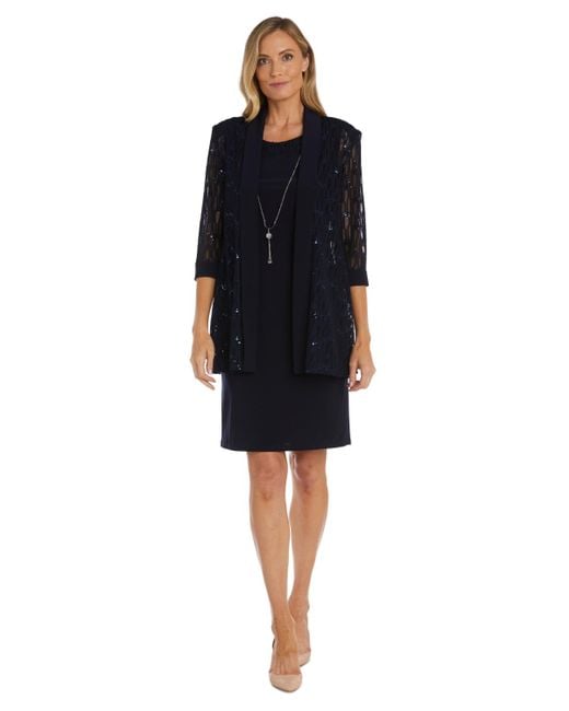 R & M Richards Black Petite Sequin Mesh Jacket And Sequin-trim Sleeveless Dress