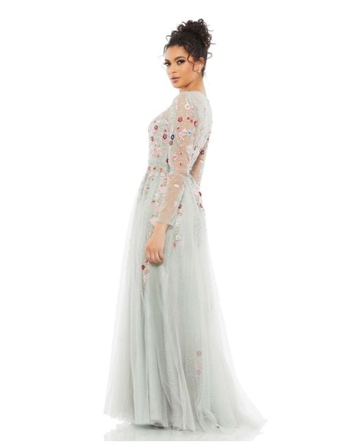 Mac Duggal White Embroidered Illusion High Neck Long Sleeve A Line Gown