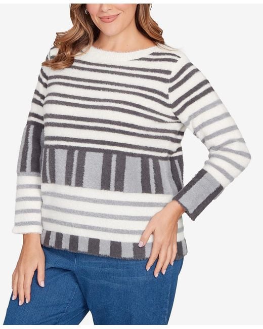Ruby Rd Gray Plus Size Striped Feather Eyelash Sweater