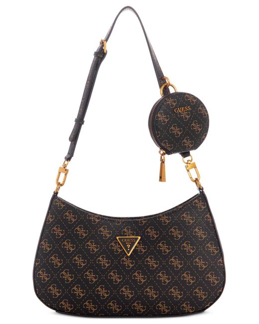 guess alexie top zip shoulder bag brown logo