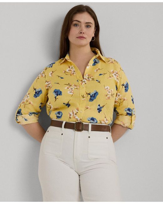 Lauren by Ralph Lauren Metallic Plus Size Linen Floral Shirt