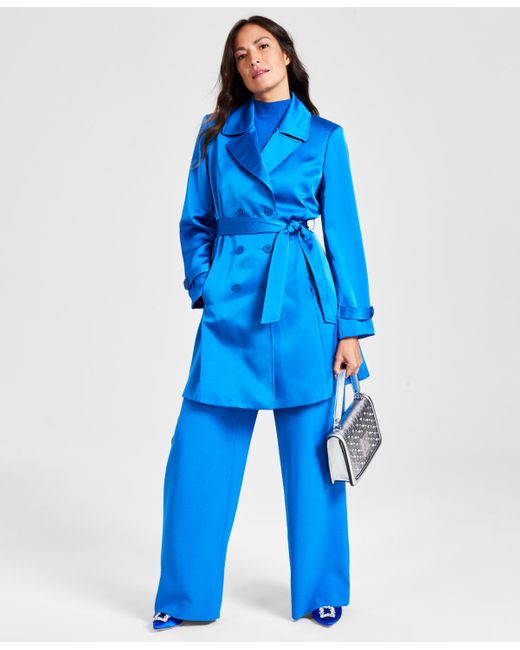 Tahari Blue Satin Tie-waist Long-sleeve Trench Jacket
