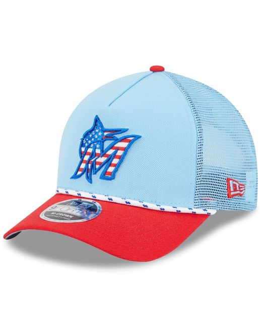 KTZ Light Blue/red Miami Marlins 2025 Fourth Of July 9forty A-frame M-crown Adjustable Trucker Hat for men