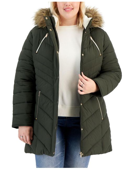 Maralyn & Me Green Juniors' Trendy Plus Size Faux-fur-trim Hooded Puffer Coat, Created For Macy's