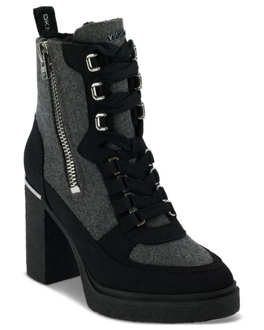 DKNY Black Toia Lace-up Zip Block Heel Booties