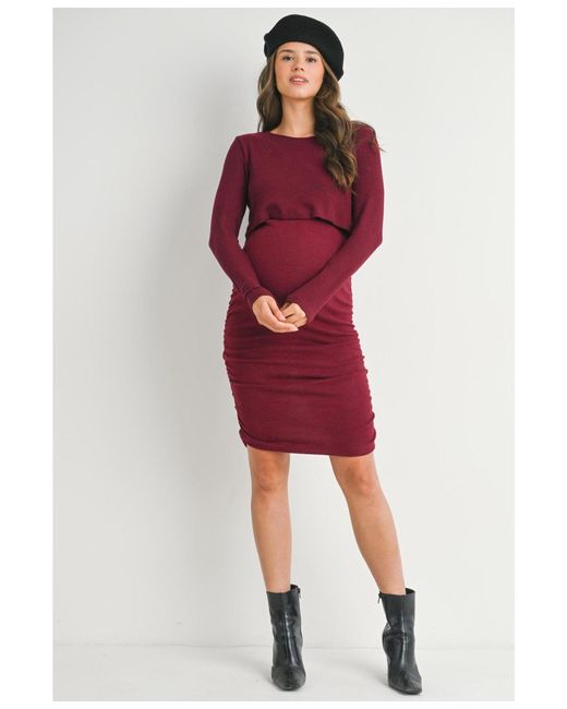 Hello Miss Maternity Long Sleeve Ribbed Side Ruched Nursing Dress in Red |  Lyst