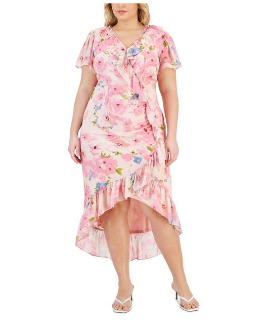 Taylor Pink Plus Size Floral-print Flutter-sleeve Faux-wrap Dress