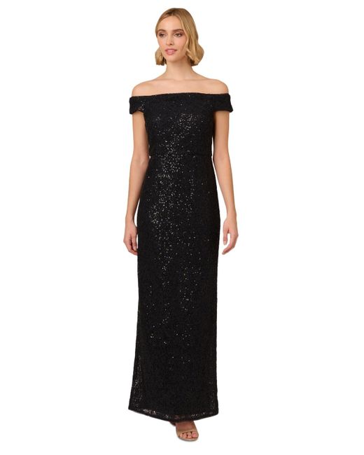 Adrianna Papell Black Corded Off-the-shoulder Sequin Gown