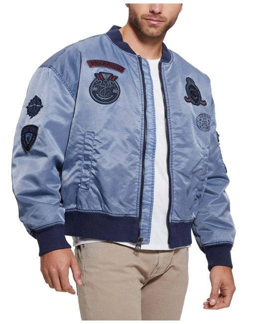 Guess Blue Ace Embroidered Patch Full-zip Bomber Jacket for men