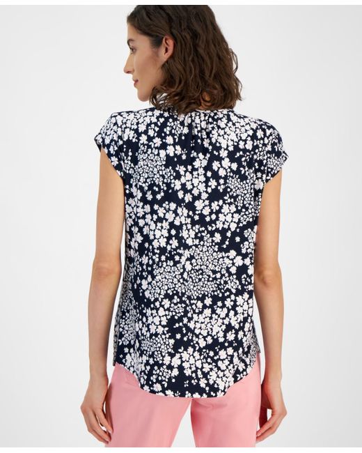 Tommy Hilfiger Blue Printed Split-neck Short-sleeve Top
