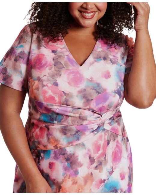 London Times Red Plus Size Twisted Floral Fit & Flare Dress