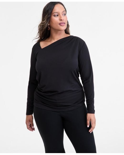 INC International Concepts Blue Plus Size Asymmetric-neck Long-sleeve Top