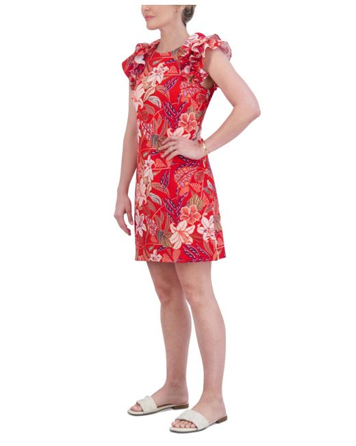 Jessica Howard Red Petite Printed Jewel-neck Ruffle-sleeve Dress
