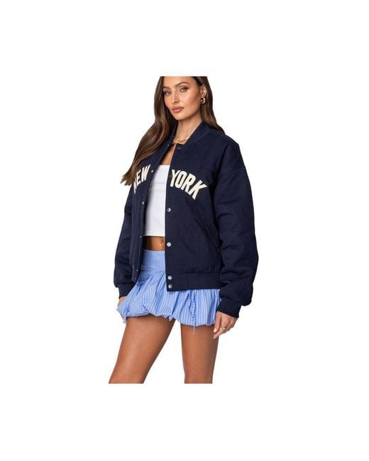 Edikted Blue Big Apple Oversized Bomber Jacket